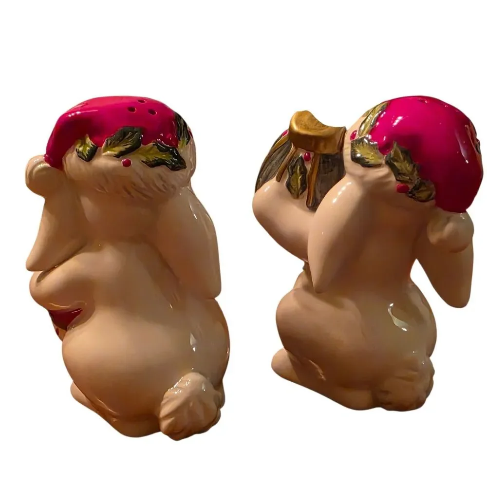 Fitz & Floyd 2004 Christmas Bunny Blooms Rabbit Salt & Pepper Shaker Set Holiday